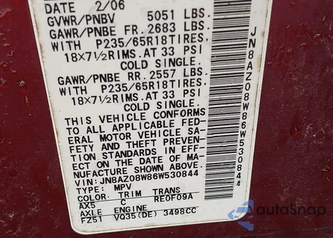 2006 Nissan Murano Sl from USA, damaged, VIN JN8AZ08W86W530844